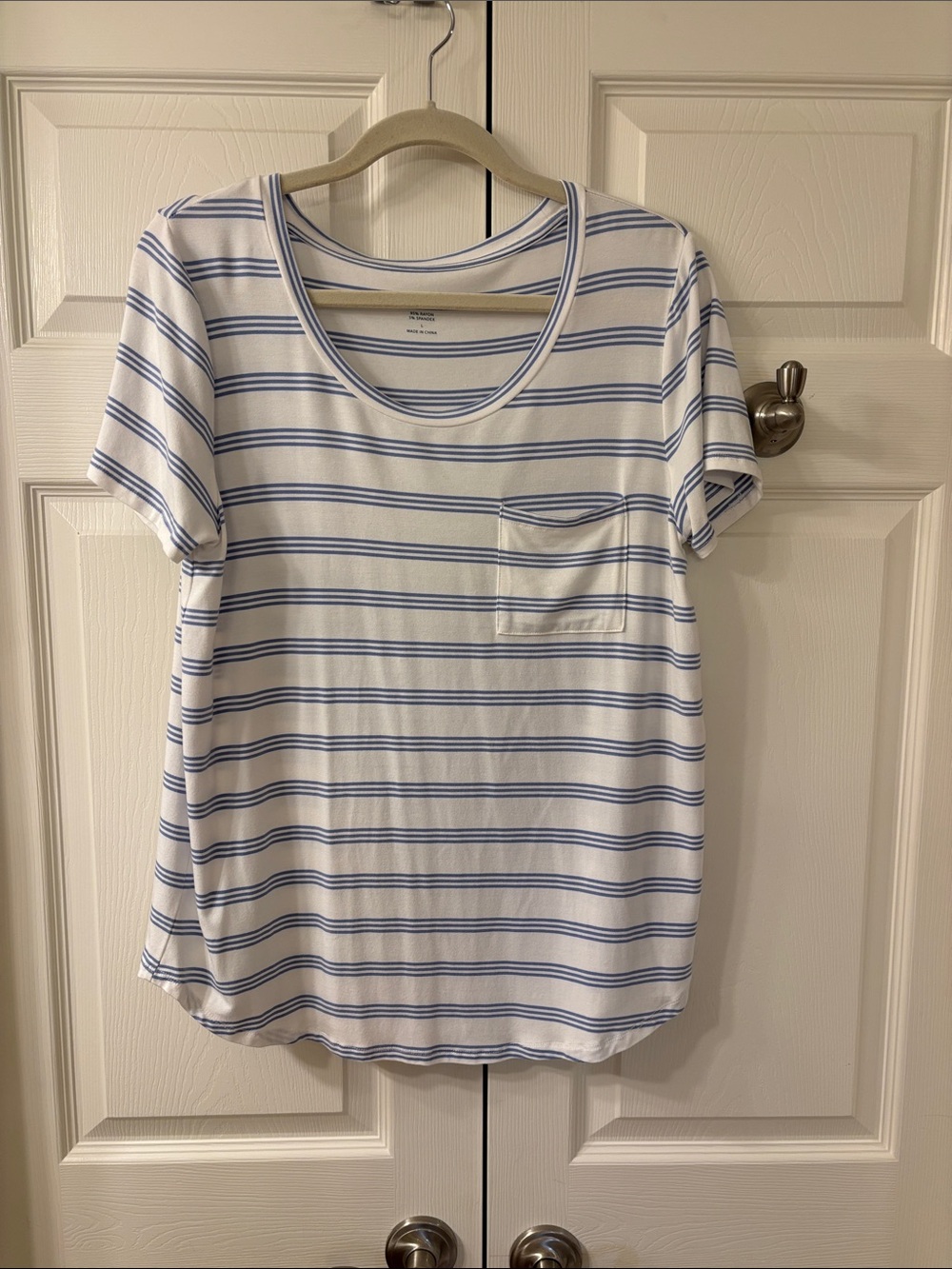 Classic White & Light Blue Striped Pocket Tee